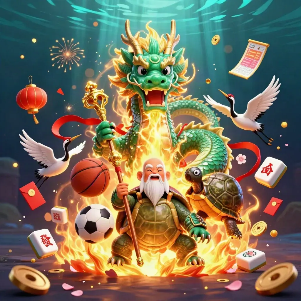 Emerald dragon, turtle sage and cranes amid gold fire, balls, coins and lanterns in a dark teal casino scene