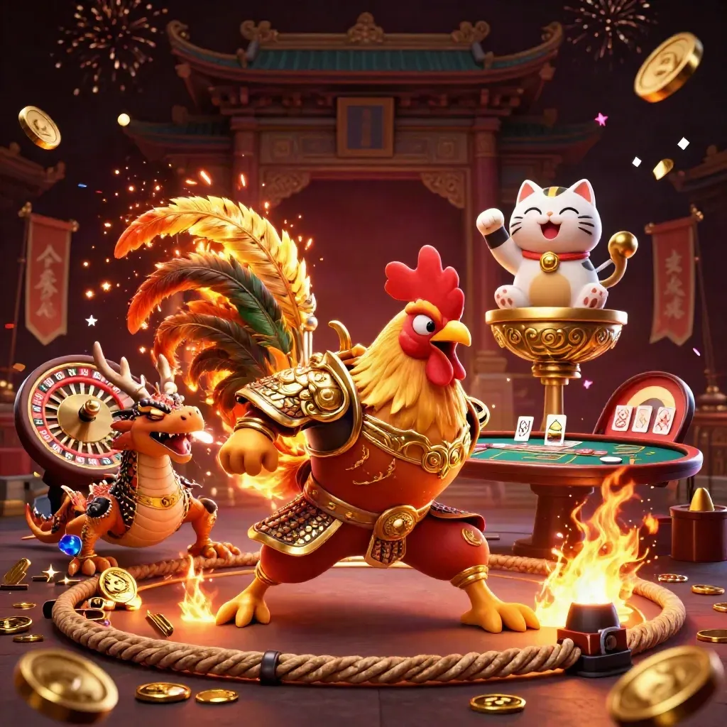 Rooster samurai, dragon hatchling, and fortune-cat in a luxe casino temple scene