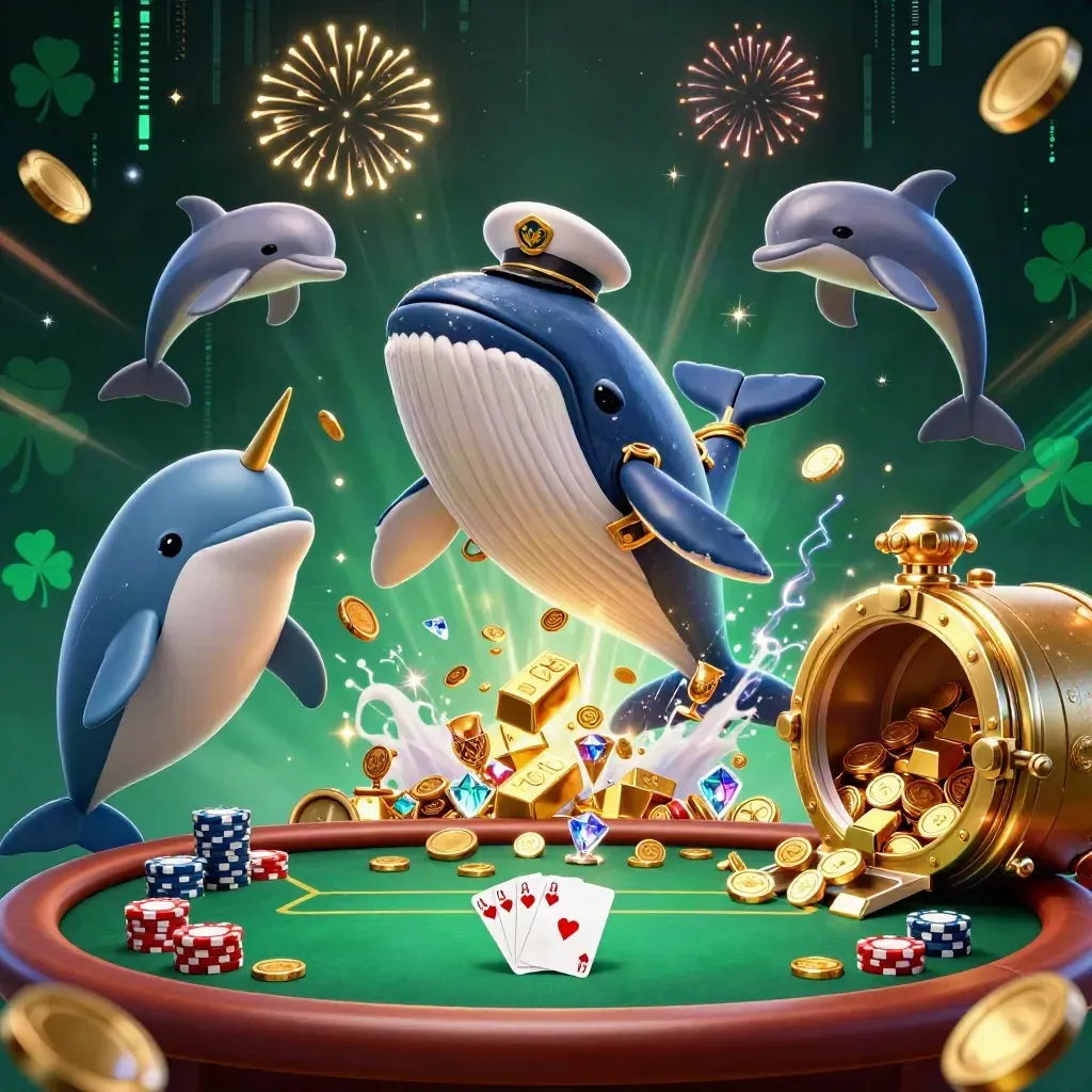 Whale captain, narwhal and chip-trick dolphins burst from a vault in a coin storm.