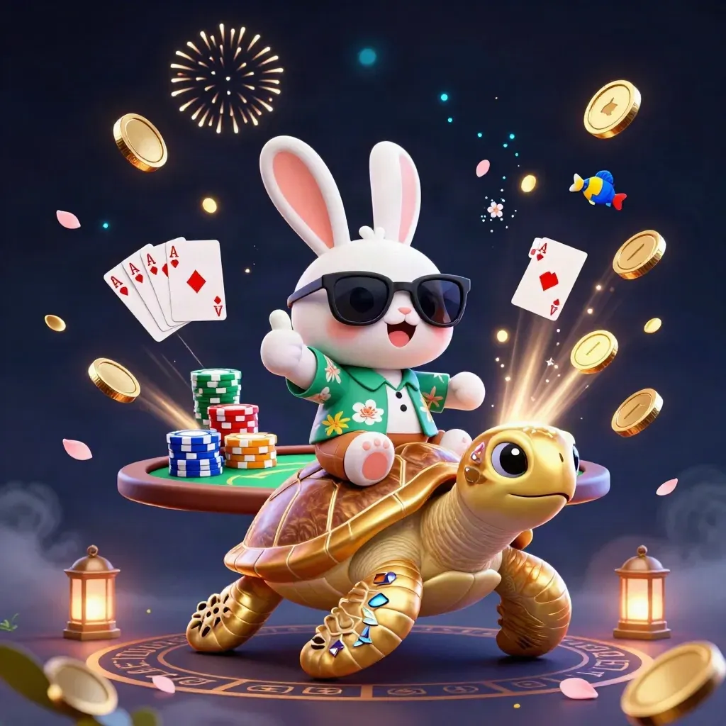 Cartoon rabbit on a golden turtle amid poker chips, cards, treasure, fireworks, and glowing casino effects.