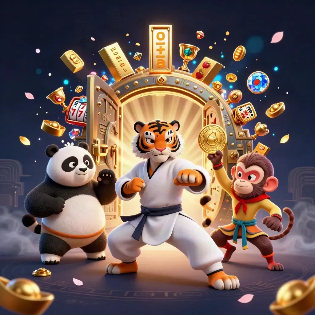 Kung-fu tiger, panda, and monkey burst from a glowing vault amid gold, gems, and slot symbols.