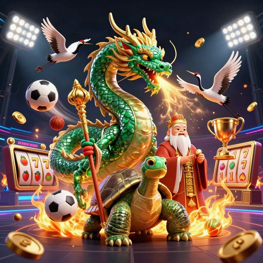 Emerald dragon, turtle sage and cranes amid casino icons, gold fire and neon dark luxury.