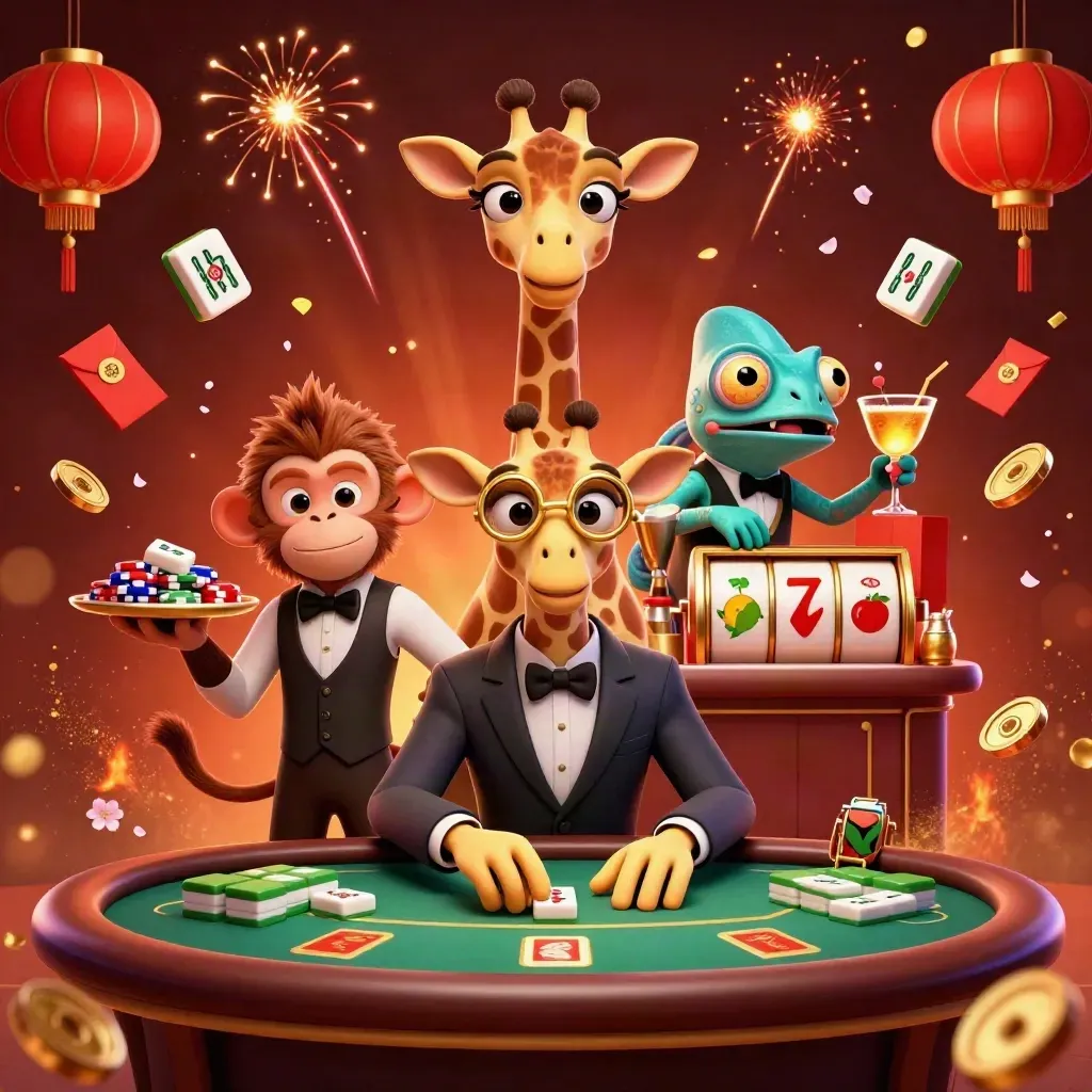 Giraffe high roller, monkey valet, and chameleon bartender in a luxe poker splash scene.