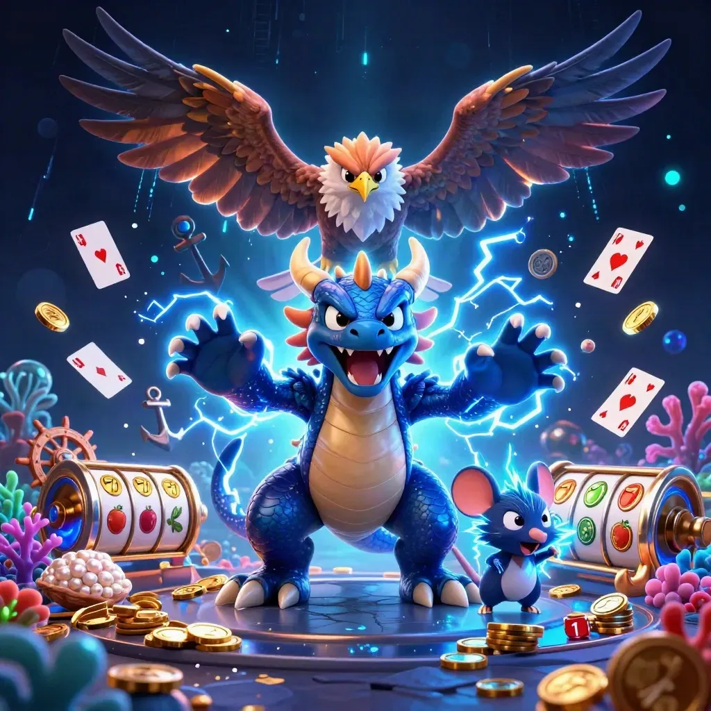 Thunder dragon, wind hawk, and crackling mouse amid poker-casino treasures and neon effects.